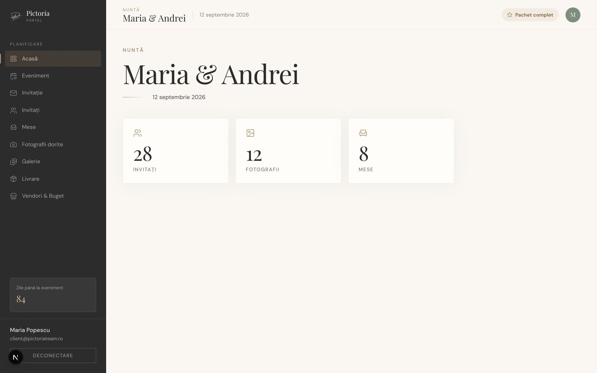 Portal Pictoria — dashboard cu toate functiile