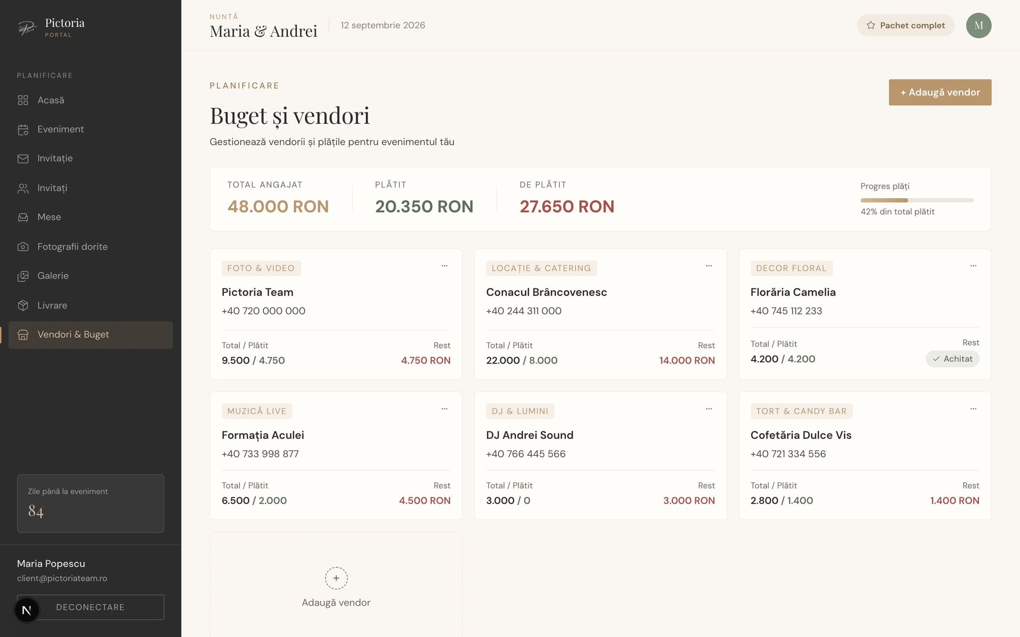 Portal Pictoria — Vendori & Buget